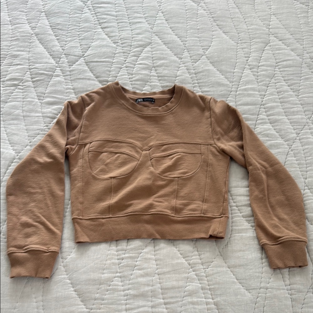 Zara Tan Cropped Sweatshirt with Ribbed Accents